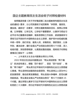 国企主题教育民主生活会班子对照检查材料
