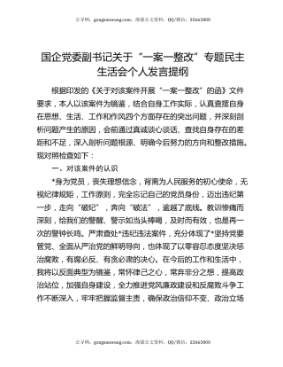 国企党委副书记关于“一案一整改”专题民主生活会个人发言提纲