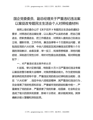 国企党委委员、副总经理关于严重违纪违法案以案促改专题民主生活会个人对照检查材料