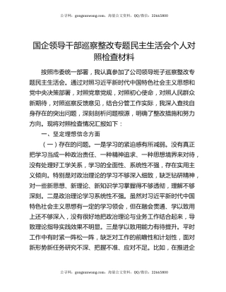 国企领导干部巡察整改专题民主生活会个人对照检查材料