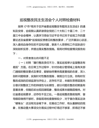 巡视整改民主生活会个人对照检查材料