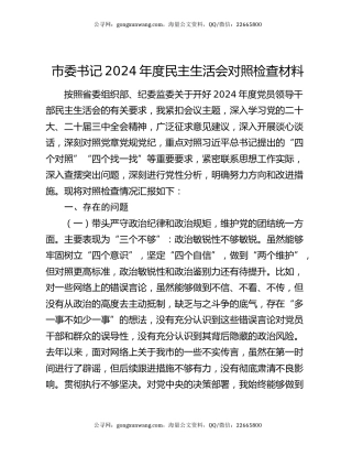 市委书记2024年度民主生活会对照检查材料