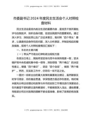 市委副书记 2024 年度民主生活会个人对照检查材料