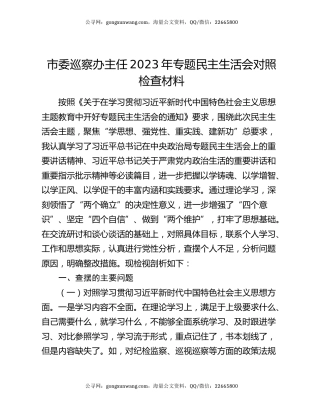 市委巡察办主任2023年专题民主生活会对照检查材料