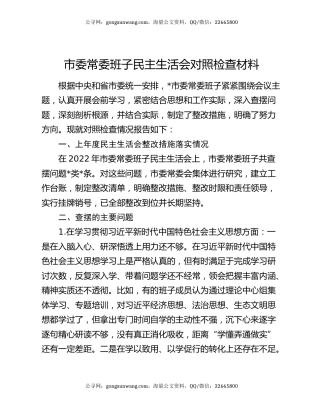 市委常委班子民主生活会对照检查材料