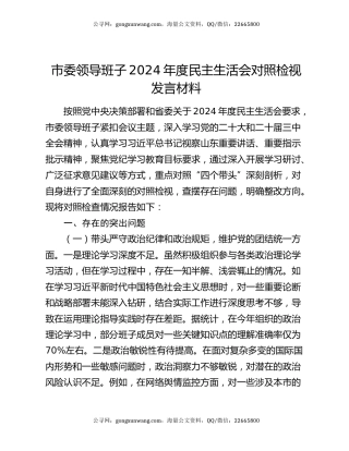 市委领导班子2024年度民主生活会对照检视发言材料