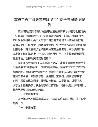 某党工委主题教育专题民主生活会开展情况报告