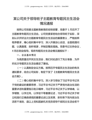 某公司关于领导班子主题教育专题民主生活会情况通报