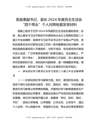 某县委副书记、县长2024年度民主生活会“四个带头”个人对照检查发言材料