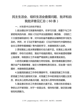 民主生活会、组织生活会查摆问题、批评和自我批评意见汇总（60条）