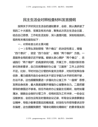 民主生活会对照检查材料发言提纲