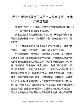 民主生活会领导班子成员个人发言提纲（房地产央企专题）