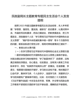民政副局长主题教育专题民主生活会个人发言提纲