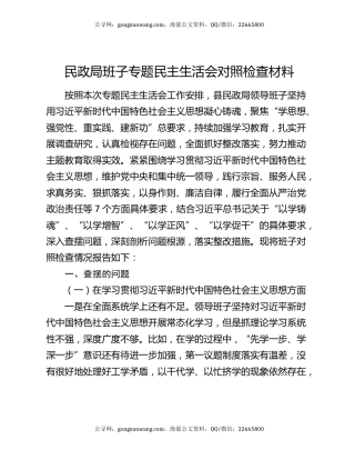 民政局班子专题民主生活会对照检查材料