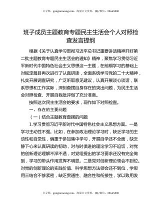 班子成员主题教育专题民主生活会个人对照检查发言提纲