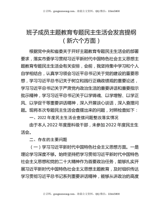 班子成员主题教育专题民主生活会发言提纲（新六个方面）