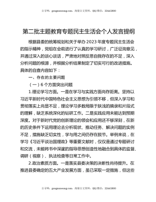 第二批主题教育专题民主生活会个人发言提纲
