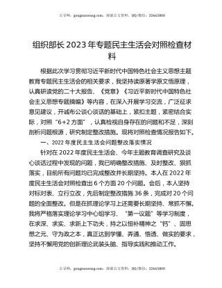 组织部长2023年专题民主生活会对照检查材料