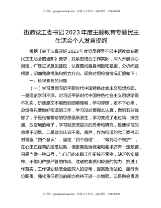 街道党工委书记2023年度主题教育专题民主生活会个人发言提纲