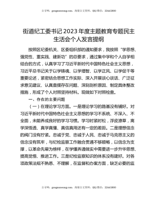 街道纪工委书记2023年度主题教育专题民主生活会个人发言提纲