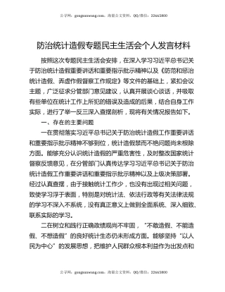 防治统计造假专题民主生活会个人发言材料