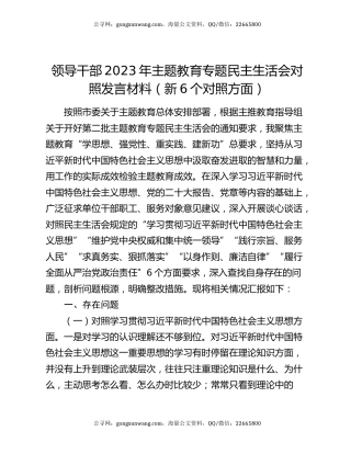 领导干部2023年主题教育专题民主生活会对照发言材料（新6个对照方面）