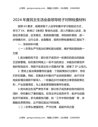 2024 年度民主生活会县领导班子对照检查材料
