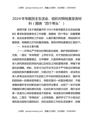 2024年专题民主生活会、组织对照检查发言材料（围绕“四个带头”）