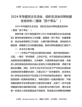 2024年专题民主生活会、组织生活会对照检查发言材料（围绕“四个带头”）