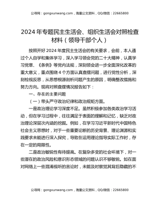 2024年专题民主生活会、组织生活会对照检查材料（领导干部个人）