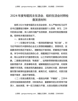 2024年度专题民主生活会、组织生活会对照检查发言材料