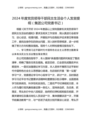 2024年度党员领导干部民主生活会个人发言提纲（集团公司党委书记）