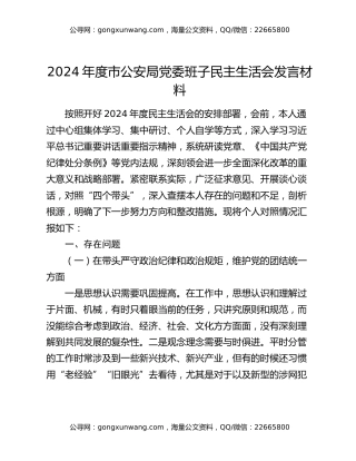 2024年度市公安局党委班子民主生活会发言材料