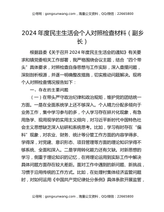 2024年度民主生活会个人对照检查材料（副乡长）