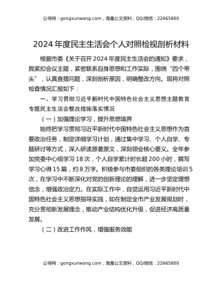2024年度民主生活会个人对照检视剖析材料