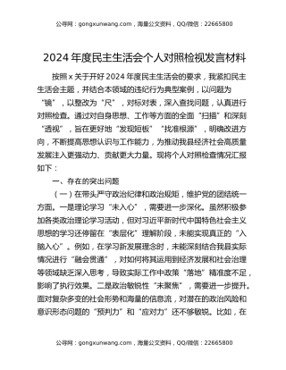 2024年度民主生活会个人对照检视发言材料
