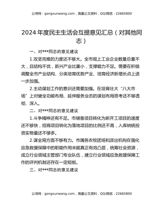 2024年度民主生活会互提意见汇总（对其他同志）