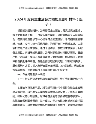 2024年度民主生活会对照检查剖析材料（班子）