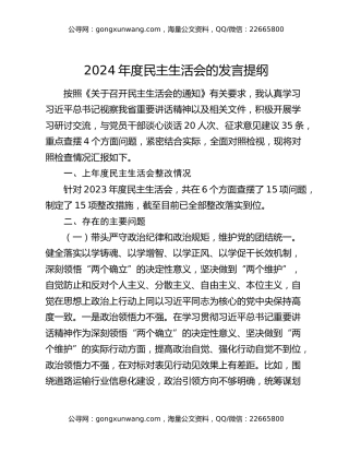 2024年度民主生活会的发言提纲
