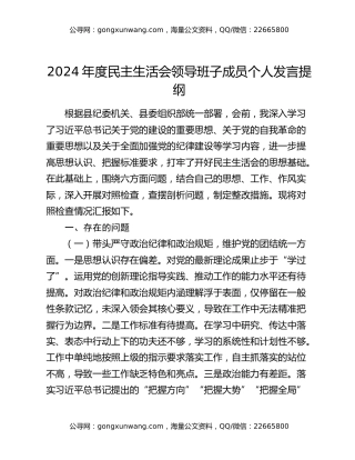 2024年度民主生活会领导班子成员个人发言提纲
