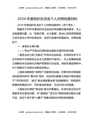 2024年度组织生活会个人对照检查材料