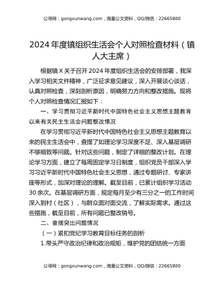 2024年度镇组织生活会个人对照检查材料（镇人大主席）