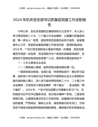 2024年机关党支部书记抓基层党建工作述职报告