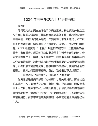 2024年民主生活会上的讲话提纲