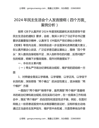 2024年民主生活会个人发言提纲（四个方面_案例分析）