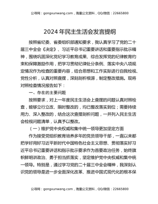 2024年民主生活会发言提纲