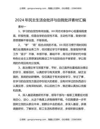 2024年民主生活会批评与自我批评素材汇编