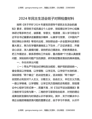 2024年民主生活会班子对照检查材料