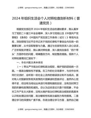 2024年组织生活会个人对照检查剖析材料（普通党员）