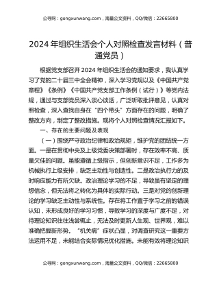 2024年组织生活会个人对照检查发言材料（普通党员）